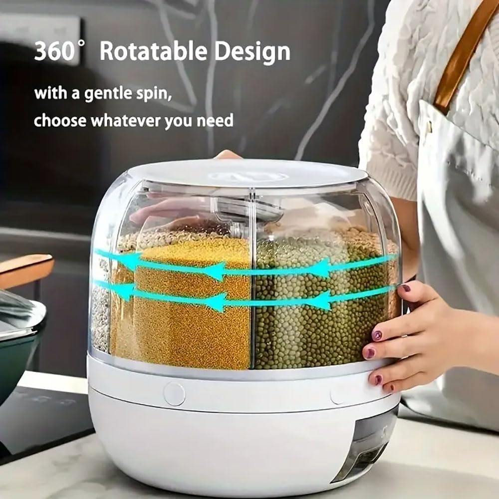 Rotating grain storage container,rice dispenser,6-compartment rice container, 360° rotating food dispenser One-Click Output rice Storage Round Grain Dispenser Kitchen for Grains, Beans, Rice.