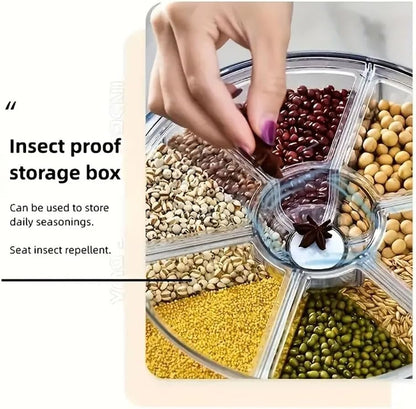 Rotating grain storage container,rice dispenser,6-compartment rice container, 360° rotating food dispenser One-Click Output rice Storage Round Grain Dispenser Kitchen for Grains, Beans, Rice.