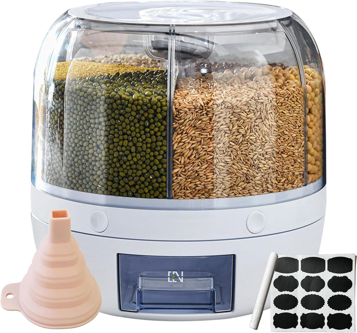 Rotating grain storage container,rice dispenser,6-compartment rice container, 360° rotating food dispenser One-Click Output rice Storage Round Grain Dispenser Kitchen for Grains, Beans, Rice.