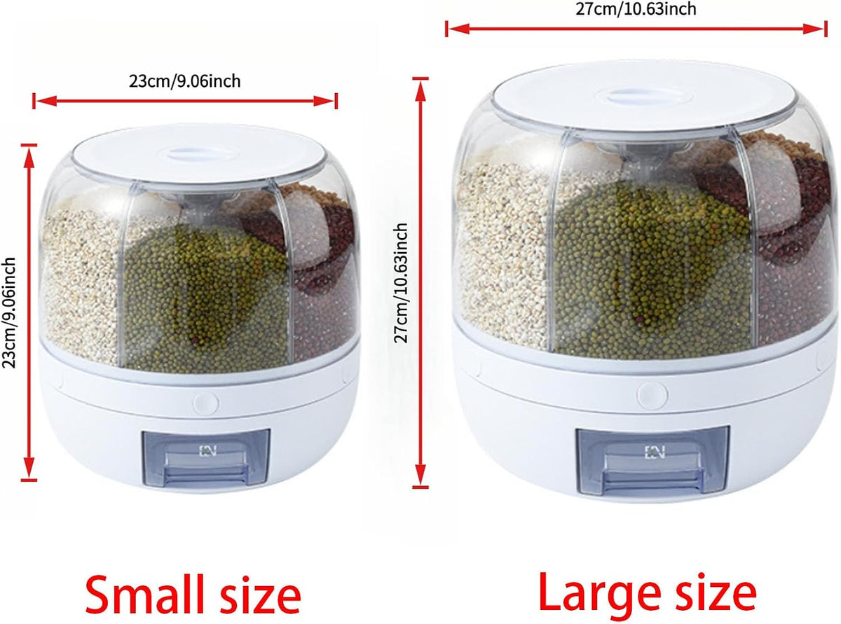 Rotating grain storage container,rice dispenser,6-compartment rice container, 360° rotating food dispenser One-Click Output rice Storage Round Grain Dispenser Kitchen for Grains, Beans, Rice.