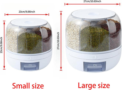 Rotating grain storage container,rice dispenser,6-compartment rice container, 360° rotating food dispenser One-Click Output rice Storage Round Grain Dispenser Kitchen for Grains, Beans, Rice.