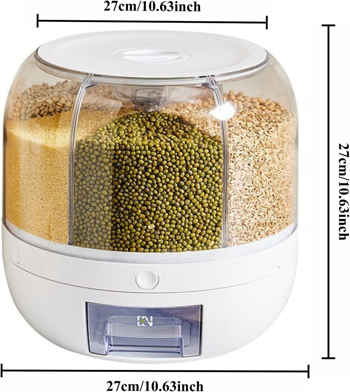 Rotating grain storage container,rice dispenser,6-compartment rice container, 360° rotating food dispenser One-Click Output rice Storage Round Grain Dispenser Kitchen for Grains, Beans, Rice.