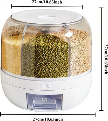 Rotating grain storage container,rice dispenser,6-compartment rice container, 360° rotating food dispenser One-Click Output rice Storage Round Grain Dispenser Kitchen for Grains, Beans, Rice.