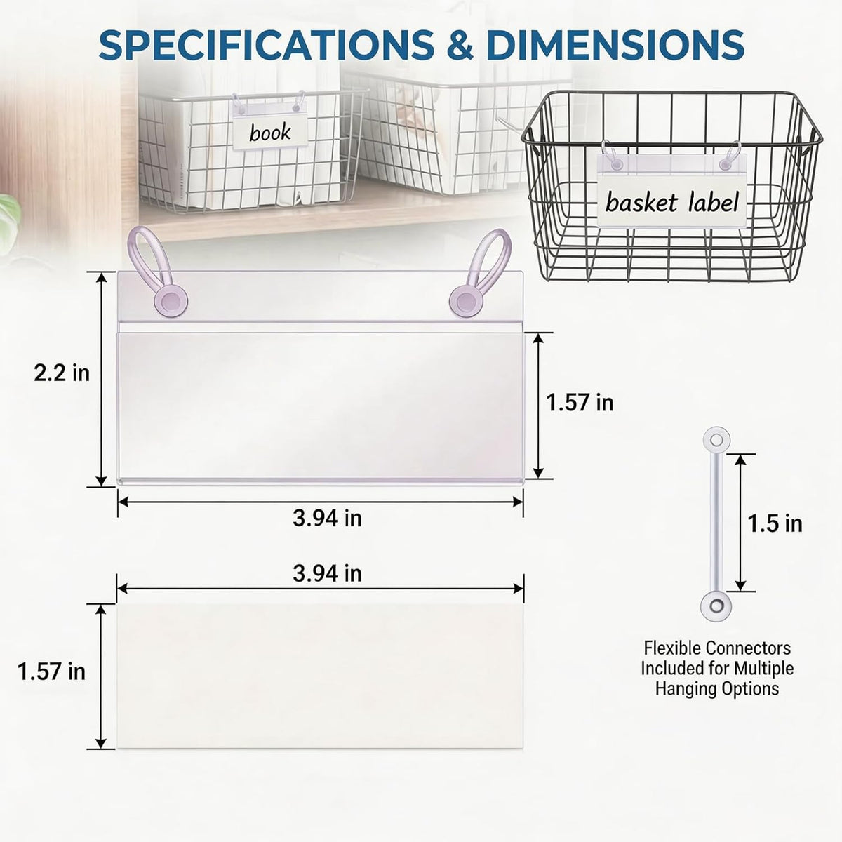 Basket Label Holders, 40PCS Plastic Basket Label Clips with Easy Button Lock Design, Wire Shelf Label Holder Wire Rack Display Holder Price Sign for Home Market (40pcs Label Paper Included)