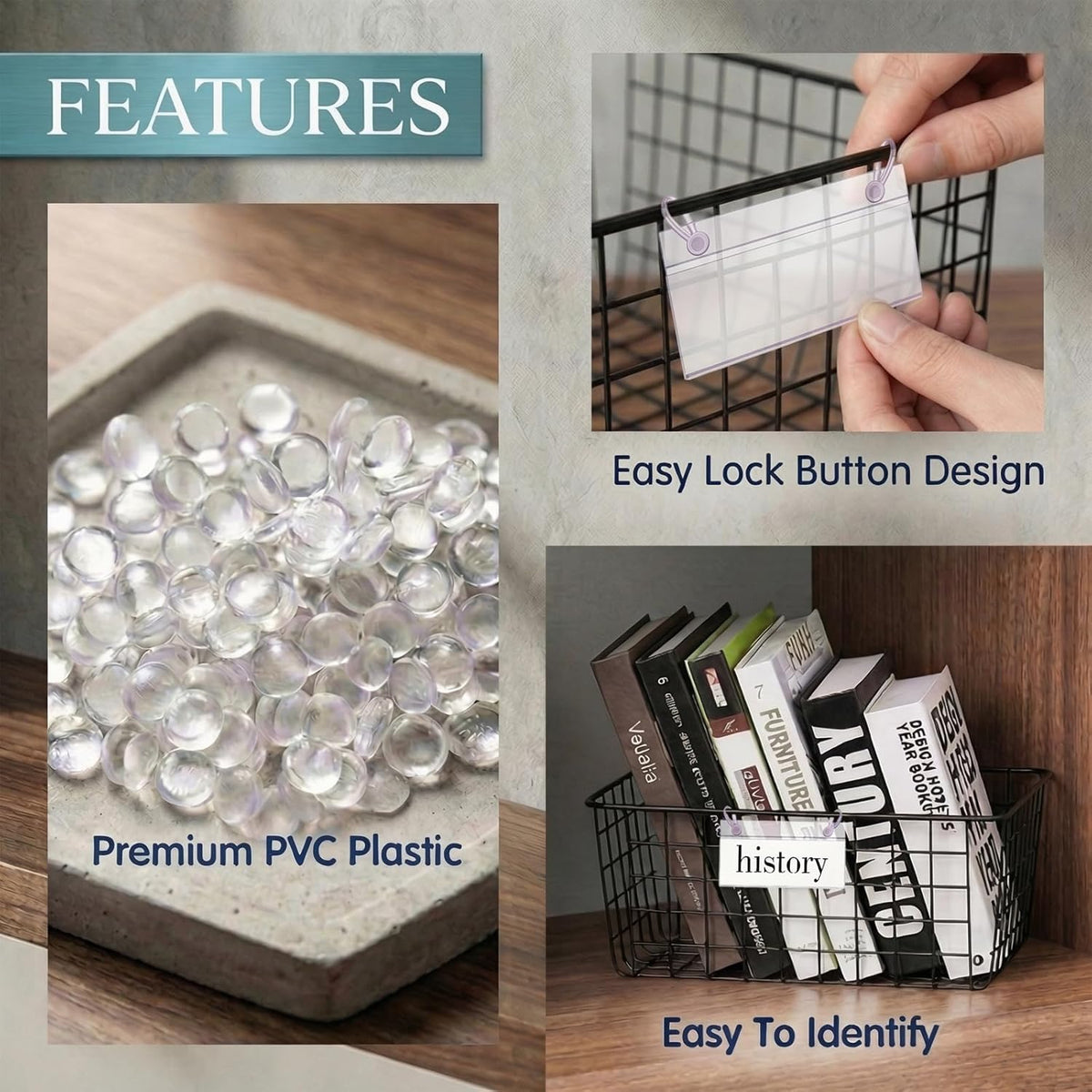 Basket Label Holders, 40PCS Plastic Basket Label Clips with Easy Button Lock Design, Wire Shelf Label Holder Wire Rack Display Holder Price Sign for Home Market (40pcs Label Paper Included)
