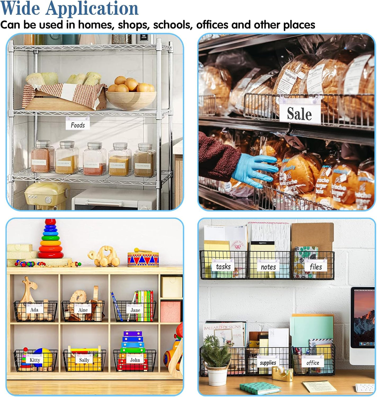Basket Label Holders, 40PCS Plastic Basket Label Clips with Easy Button Lock Design, Wire Shelf Label Holder Wire Rack Display Holder Price Sign for Home Market (40pcs Label Paper Included)