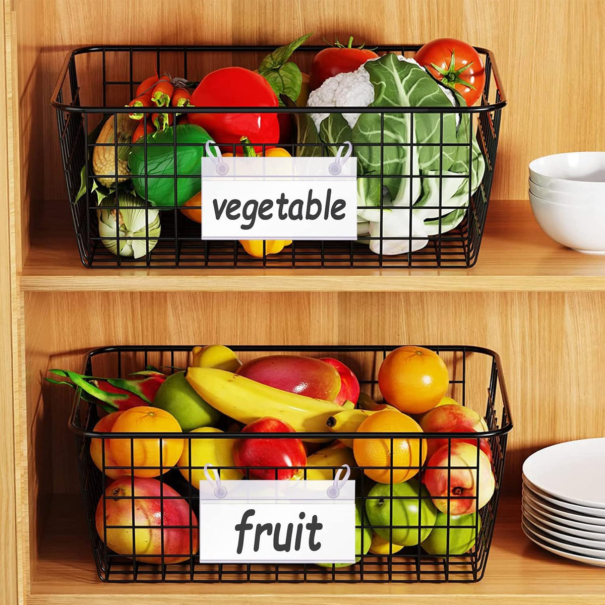 Basket Label Holders, 40PCS Plastic Basket Label Clips with Easy Button Lock Design, Wire Shelf Label Holder Wire Rack Display Holder Price Sign for Home Market (40pcs Label Paper Included)