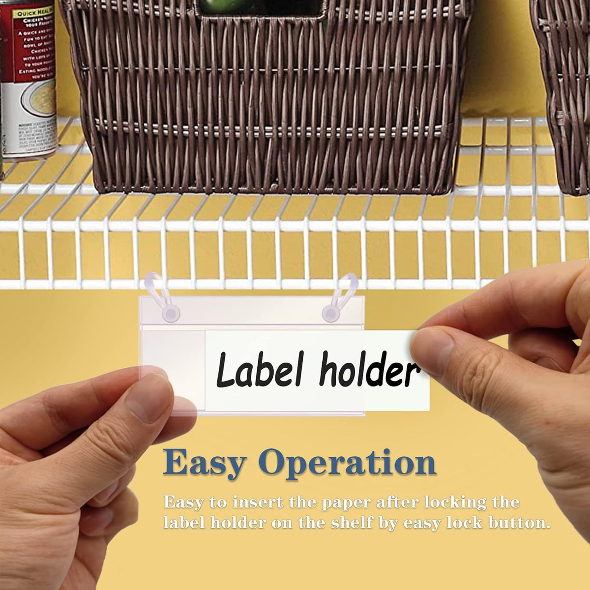 Basket Label Holders, 40PCS Plastic Basket Label Clips with Easy Button Lock Design, Wire Shelf Label Holder Wire Rack Display Holder Price Sign for Home Market (40pcs Label Paper Included)
