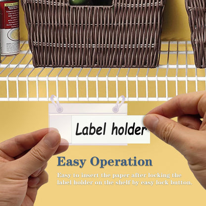 Basket Label Holders, 40PCS Plastic Basket Label Clips with Easy Button Lock Design, Wire Shelf Label Holder Wire Rack Display Holder Price Sign for Home Market (40pcs Label Paper Included)