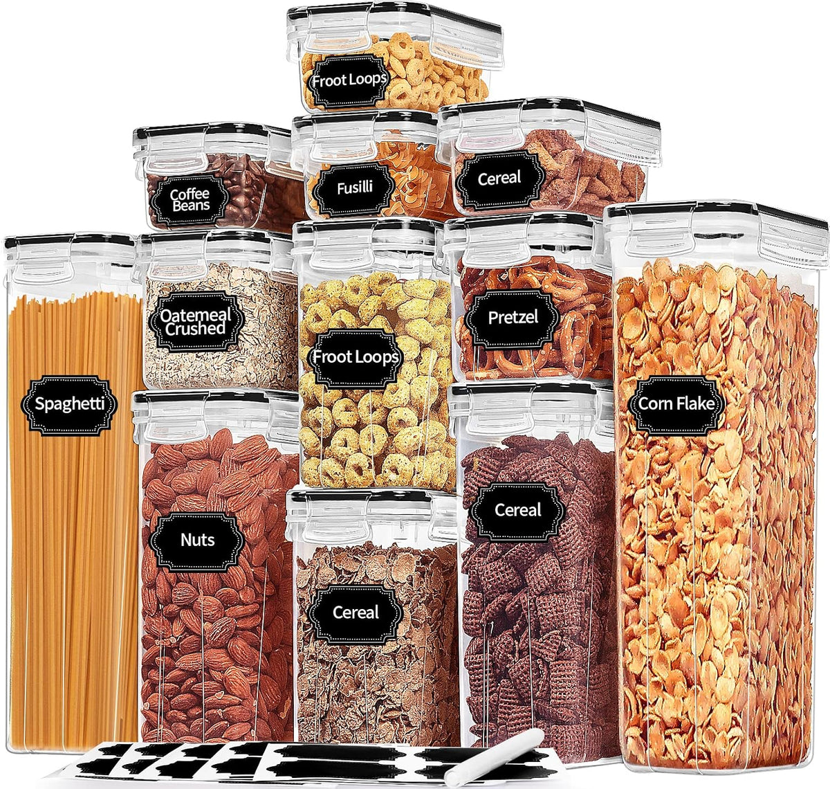 Airtight Food Storage Containers with Lids, 12PCS Plastic Kitchen Storage Containers for Pantry Organizers and Storage - Cereal, Rice, Flour and Sugar Containers with Labels & Marker | Kitchen Storage Containers for Pantry Organizers and Storage -