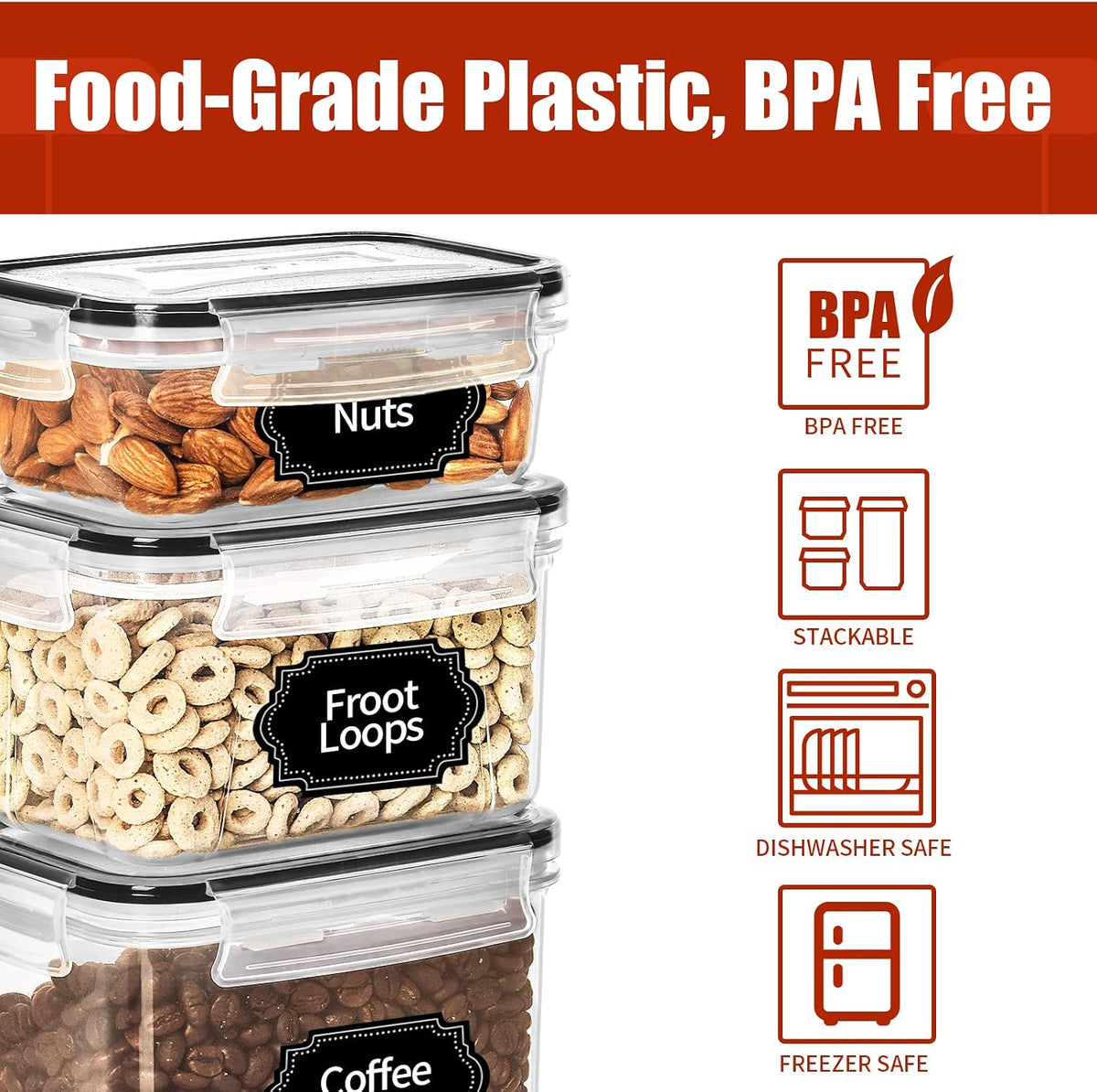 Airtight Food Storage Containers with Lids, 12PCS Plastic Kitchen Storage Containers for Pantry Organizers and Storage - Cereal, Rice, Flour and Sugar Containers with Labels & Marker | Kitchen Storage Containers for Pantry Organizers and Storage -