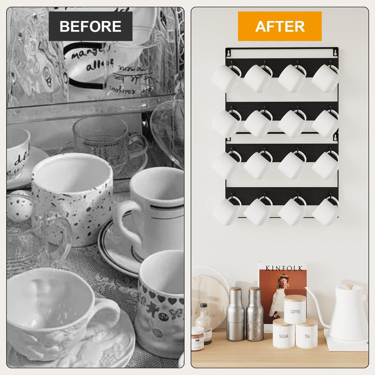 Coffee Mug Holder Wall Mounted,Set of 3,24 Hooks,Brown TBJ005H-3