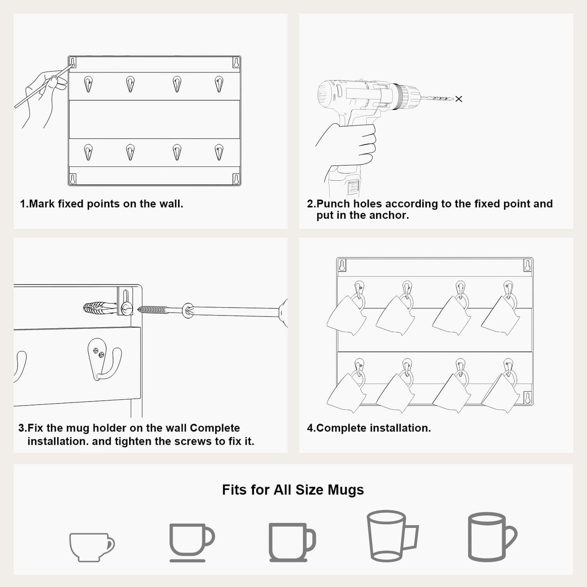 Coffee Mug Holder Wall Mounted,Set of 3,24 Hooks,Brown TBJ005H-3
