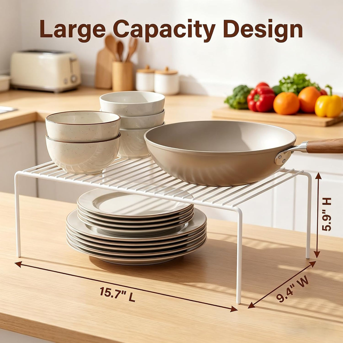 Kitchen Cabinet Storage Shelf Rack, Set of 2 Large (15.7 x 9.4 Inch) Rustproof Metal Wire Shelves Spice Shelf Rack Cupboard Organizer for Pantries Countertops Utensils Organization, White