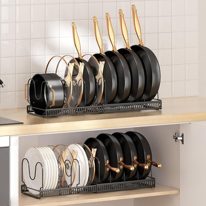 Expandable Pot Pan Lid Organizers inside Cabinet, 10 Divider-Black | Expandable 11.8–22.9", 10 Adjustable Divider, Tool-Free Assembly, Non-Slip, Scratch-Proof, For Pan Lid Cutting Board Bakeware