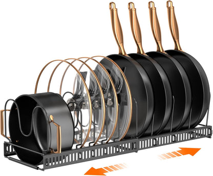 Expandable Pot Pan Lid Organizers inside Cabinet, 10 Divider-Black | Expandable 11.8–22.9", 10 Adjustable Divider, Tool-Free Assembly, Non-Slip, Scratch-Proof, For Pan Lid Cutting Board Bakeware