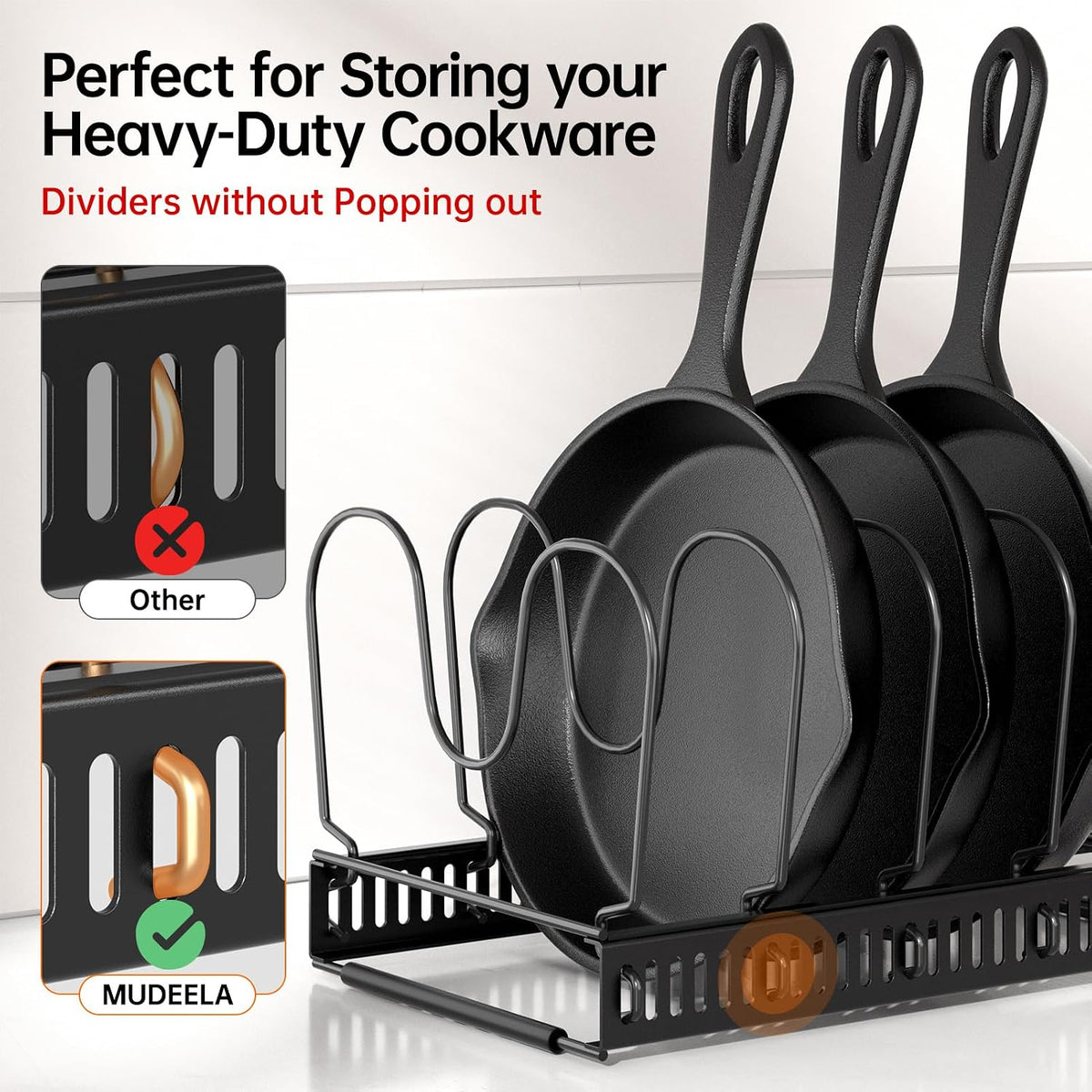 Expandable Pot Pan Lid Organizers inside Cabinet, 10 Divider-Black | Expandable 11.8–22.9", 10 Adjustable Divider, Tool-Free Assembly, Non-Slip, Scratch-Proof, For Pan Lid Cutting Board Bakeware