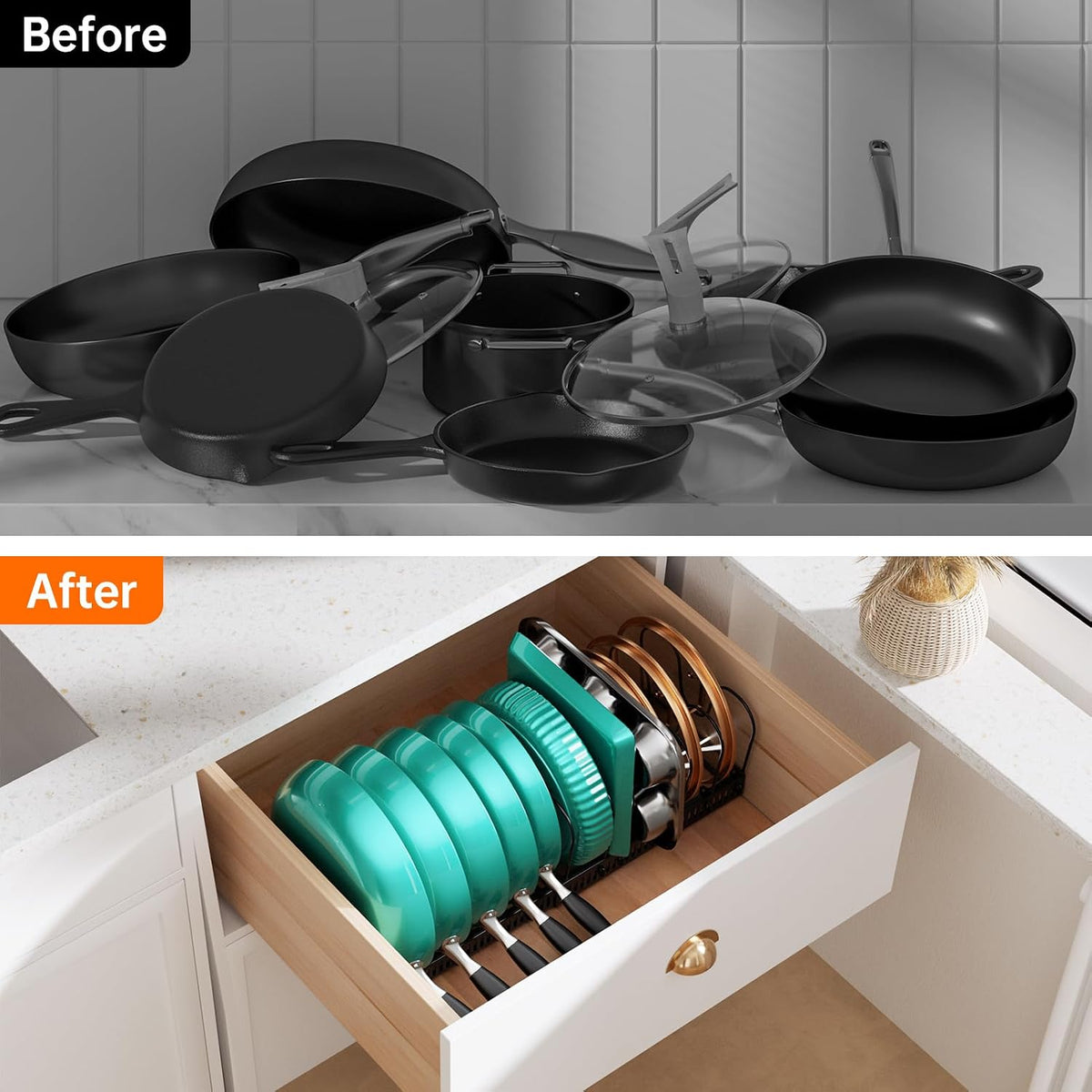 Expandable Pot Pan Lid Organizers inside Cabinet, 10 Divider-Black | Expandable 11.8–22.9", 10 Adjustable Divider, Tool-Free Assembly, Non-Slip, Scratch-Proof, For Pan Lid Cutting Board Bakeware