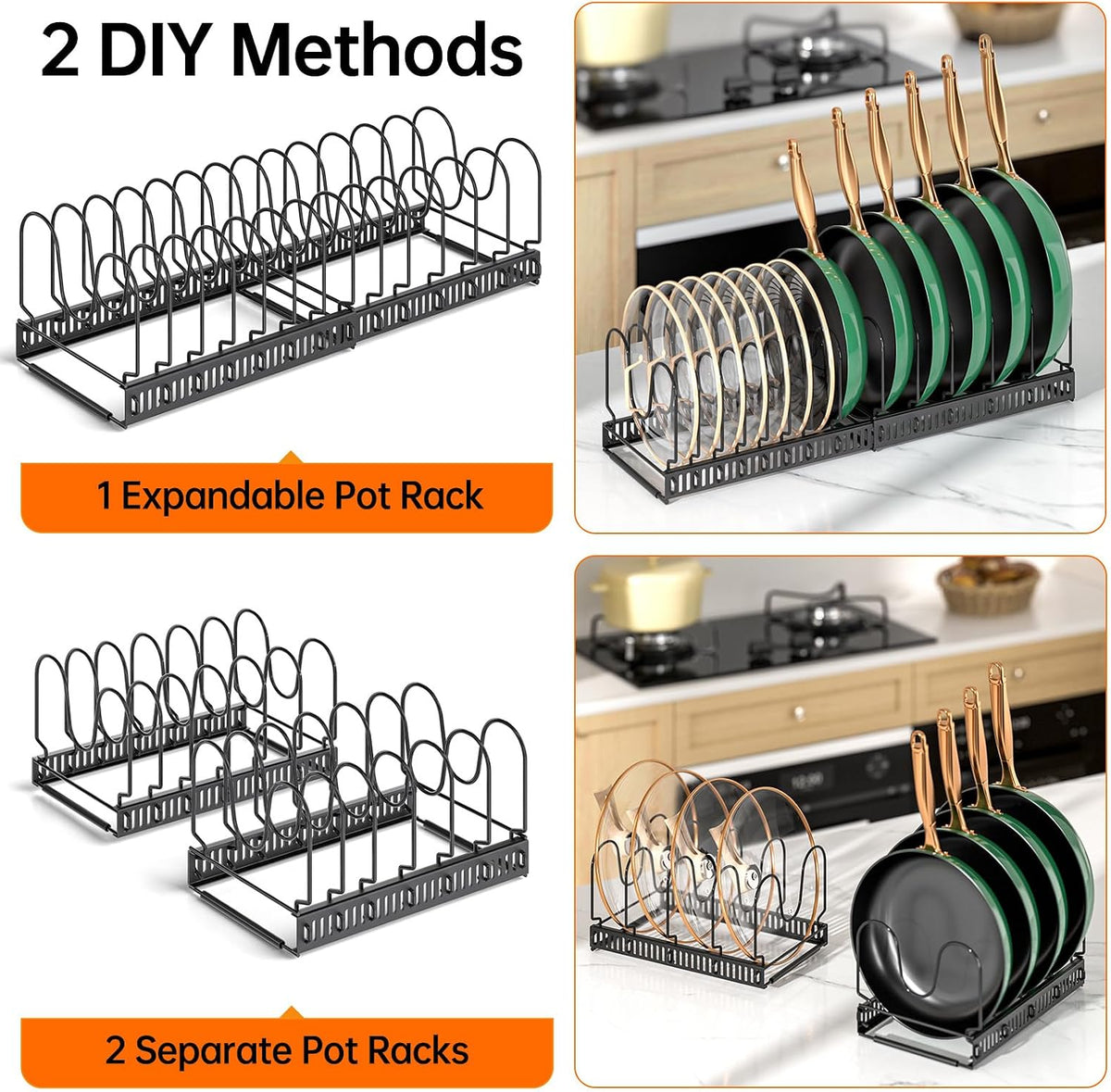 Expandable Pot Pan Lid Organizers inside Cabinet, 10 Divider-Black | Expandable 11.8–22.9", 10 Adjustable Divider, Tool-Free Assembly, Non-Slip, Scratch-Proof, For Pan Lid Cutting Board Bakeware