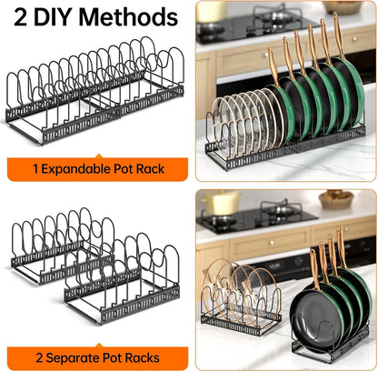 Expandable Pot Pan Lid Organizers inside Cabinet, 10 Divider-Black | Expandable 11.8–22.9", 10 Adjustable Divider, Tool-Free Assembly, Non-Slip, Scratch-Proof, For Pan Lid Cutting Board Bakeware