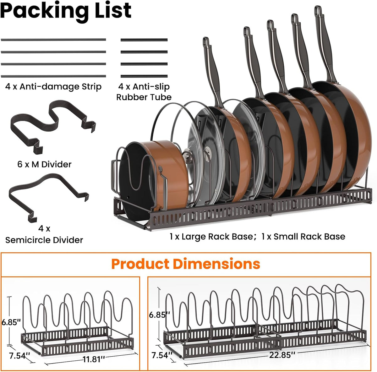 Expandable Pot Pan Lid Organizers inside Cabinet, 10 Divider-Black | Expandable 11.8–22.9", 10 Adjustable Divider, Tool-Free Assembly, Non-Slip, Scratch-Proof, For Pan Lid Cutting Board Bakeware