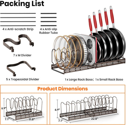 Expandable Pot Pan Lid Organizers inside Cabinet, 10 Divider-Black | Expandable 11.8–22.9", 10 Adjustable Divider, Tool-Free Assembly, Non-Slip, Scratch-Proof, For Pan Lid Cutting Board Bakeware