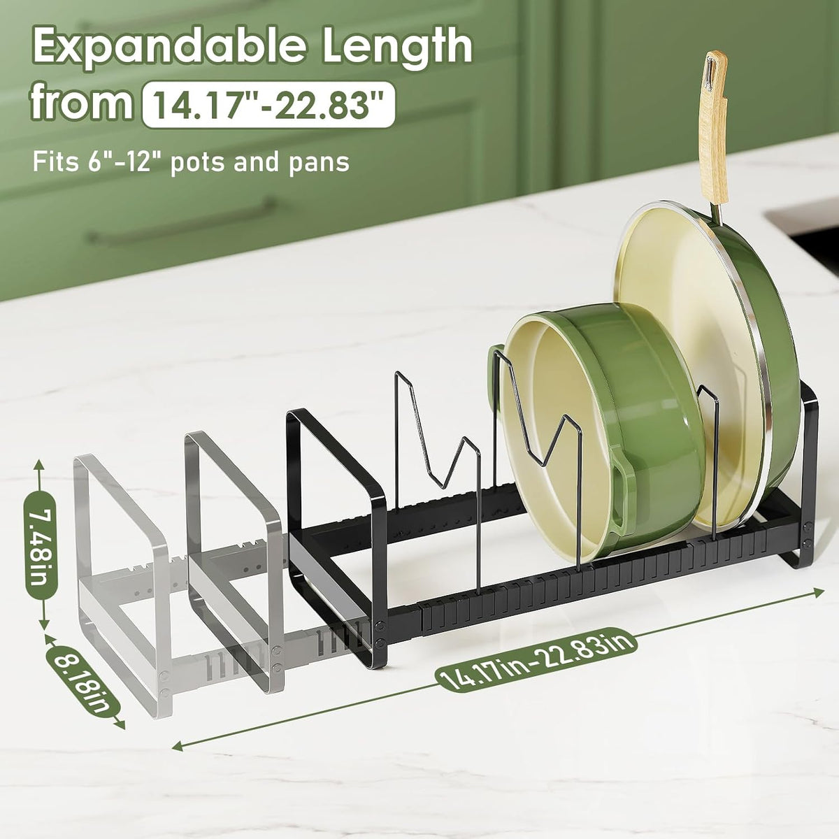 Expandable Pot Pan Lid Organizers inside Cabinet, 10 Divider-Black | Expandable 11.8–22.9", 10 Adjustable Divider, Tool-Free Assembly, Non-Slip, Scratch-Proof, For Pan Lid Cutting Board Bakeware