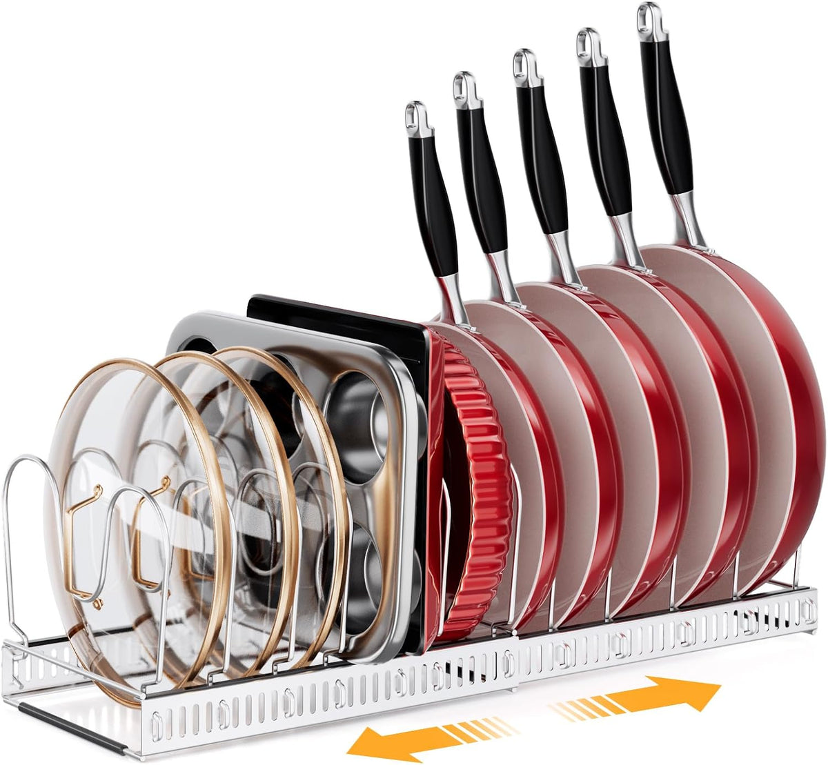 Expandable Pot Pan Lid Organizers inside Cabinet, 10 Divider-Black | Expandable 11.8–22.9", 10 Adjustable Divider, Tool-Free Assembly, Non-Slip, Scratch-Proof, For Pan Lid Cutting Board Bakeware