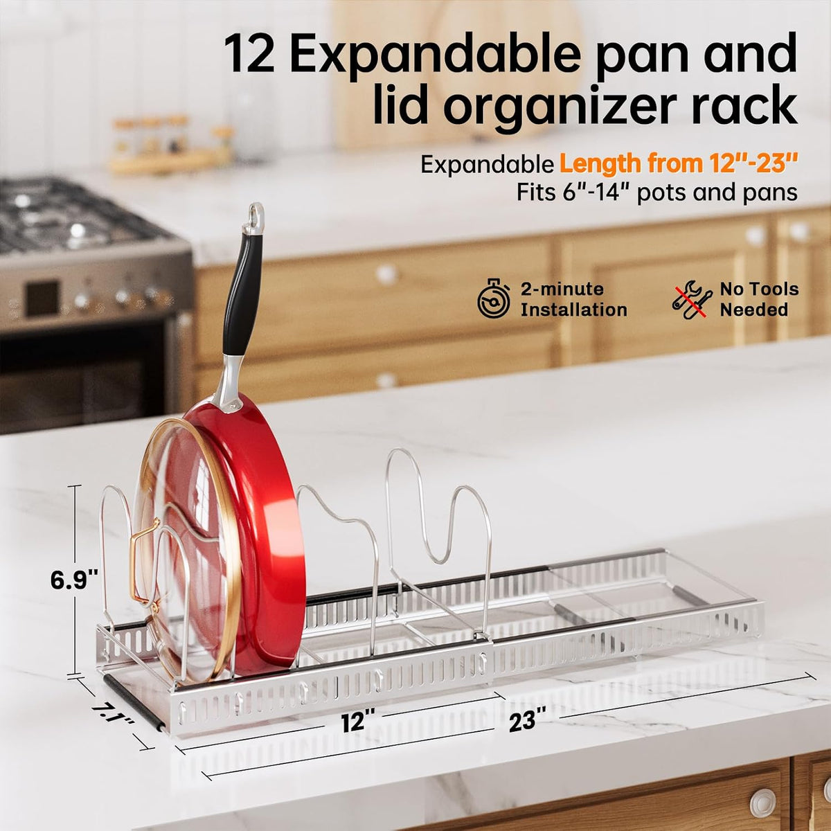 Expandable Pot Pan Lid Organizers inside Cabinet, 10 Divider-Black | Expandable 11.8–22.9", 10 Adjustable Divider, Tool-Free Assembly, Non-Slip, Scratch-Proof, For Pan Lid Cutting Board Bakeware