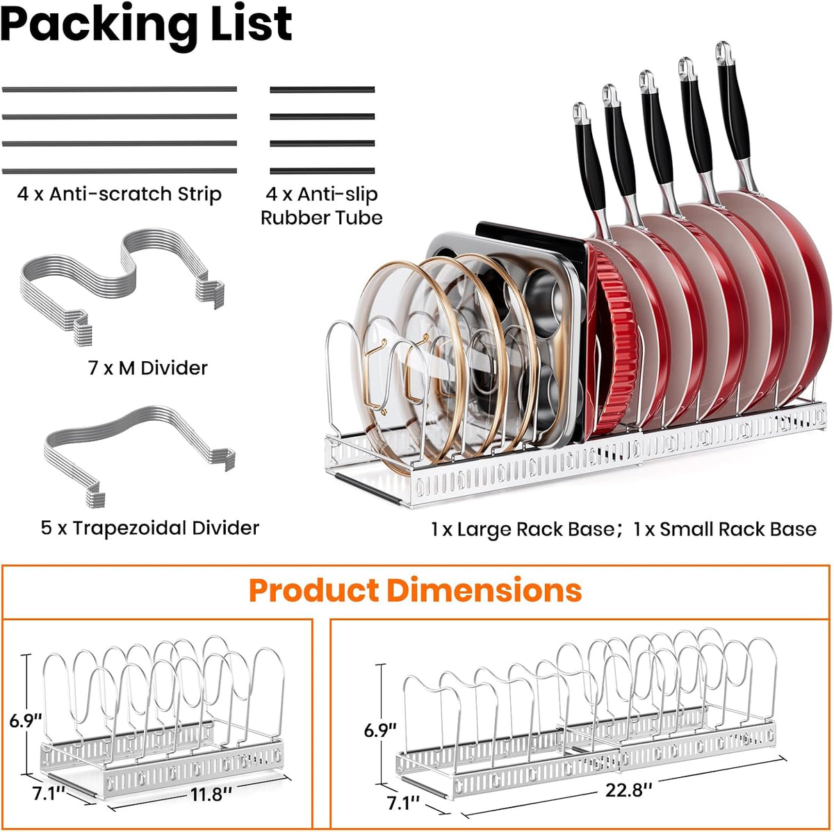 Expandable Pot Pan Lid Organizers inside Cabinet, 10 Divider-Black | Expandable 11.8–22.9", 10 Adjustable Divider, Tool-Free Assembly, Non-Slip, Scratch-Proof, For Pan Lid Cutting Board Bakeware