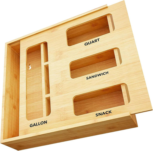 Bamboo Plastic Bag Holder for Storage,3" High Ziplock Bag Organizer,Grocery Bags Organizer Variety Size,Kitchen Drawer Organizers with 4 Slots (1)