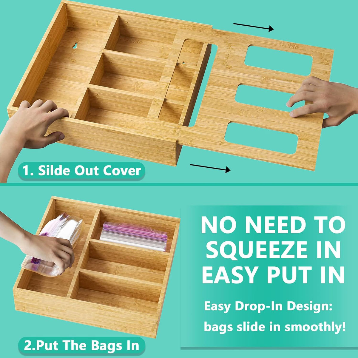 Bamboo Plastic Bag Holder for Storage,3" High Ziplock Bag Organizer,Grocery Bags Organizer Variety Size,Kitchen Drawer Organizers with 4 Slots (1)