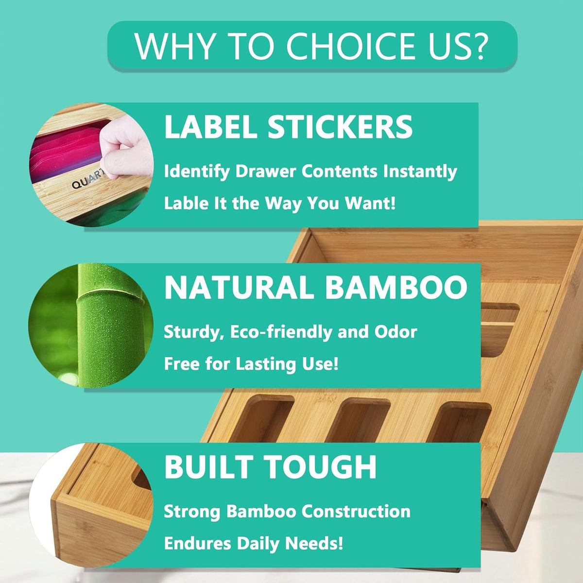Bamboo Plastic Bag Holder for Storage,3" High Ziplock Bag Organizer,Grocery Bags Organizer Variety Size,Kitchen Drawer Organizers with 4 Slots (1)