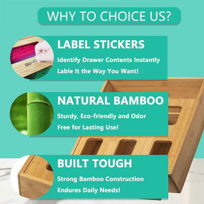 Bamboo Plastic Bag Holder for Storage,3" High Ziplock Bag Organizer,Grocery Bags Organizer Variety Size,Kitchen Drawer Organizers with 4 Slots (1)