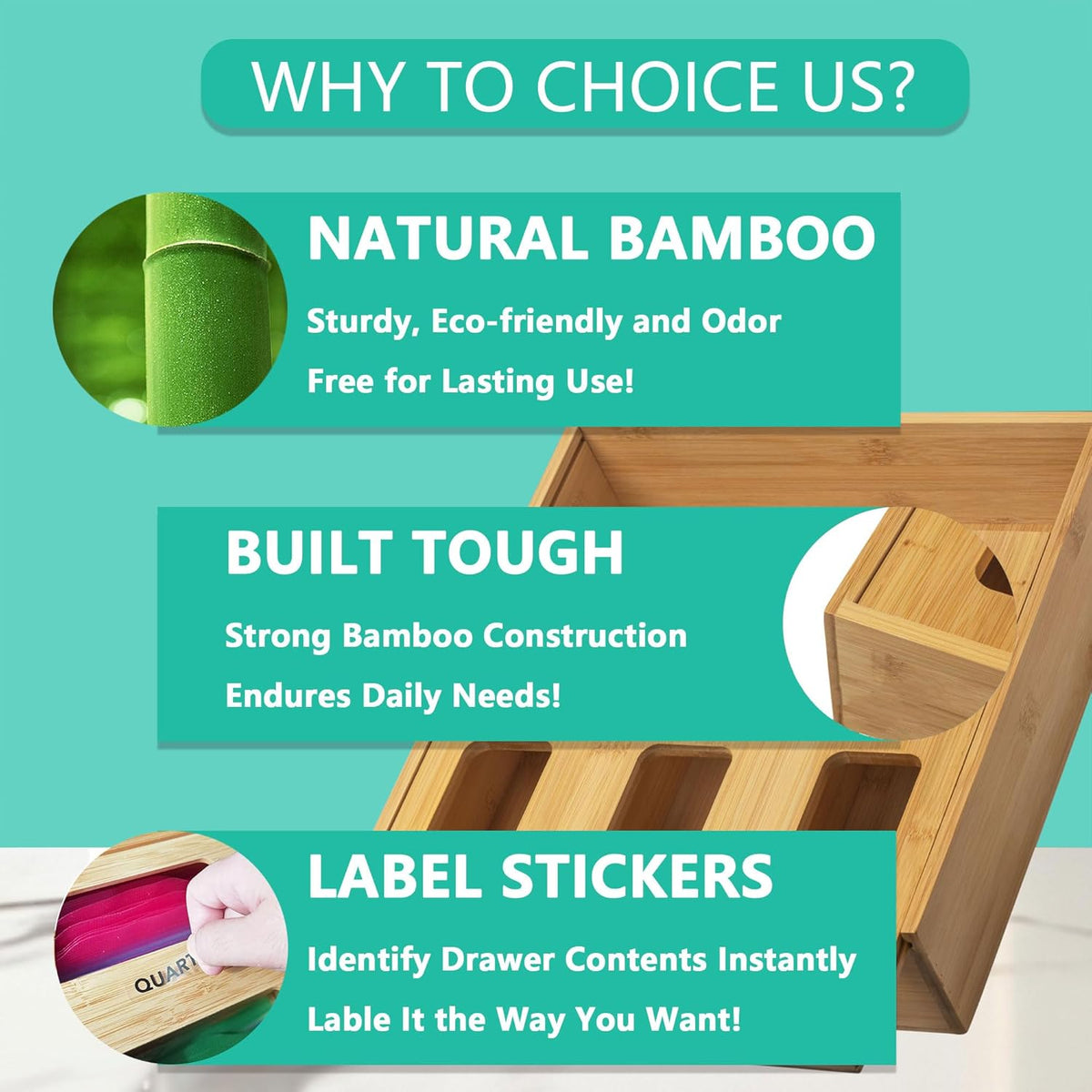 Bamboo Plastic Bag Holder for Storage,3" High Ziplock Bag Organizer,Grocery Bags Organizer Variety Size,Kitchen Drawer Organizers with 4 Slots (1)