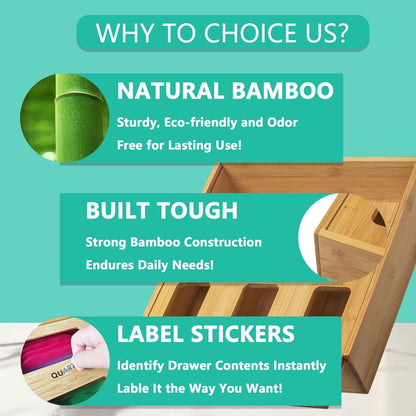 Bamboo Plastic Bag Holder for Storage,3" High Ziplock Bag Organizer,Grocery Bags Organizer Variety Size,Kitchen Drawer Organizers with 4 Slots (1)
