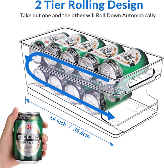 Rolling Soda Can Organizer for Refrigerator Can Dispenser for Beer Soda Seltzer Pop Can Soda Organizer for 10 Standard Size 11.15oz or 12oz Cans Holder Storage Pantry Organization