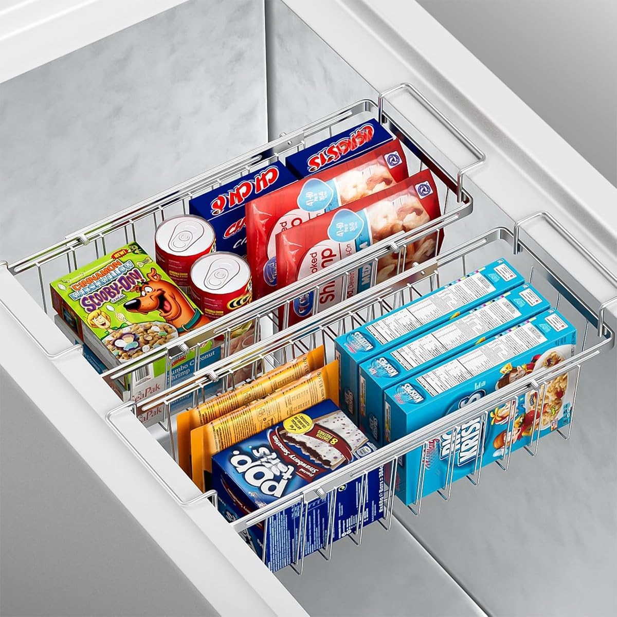 Freezer Baskets for Chest Freezer, Capacity Expandable Deep Freezer Organizer Bins Adjustable From 16.5" to 26.5" Stainless Steel Wire Basket Storage with Hanging Handles