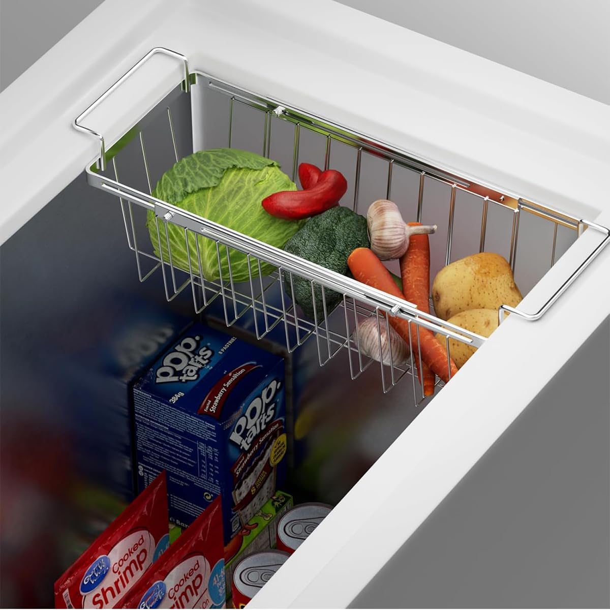 Freezer Baskets for Chest Freezer, Capacity Expandable Deep Freezer Organizer Bins Adjustable From 16.5" to 26.5" Stainless Steel Wire Basket Storage with Hanging Handles