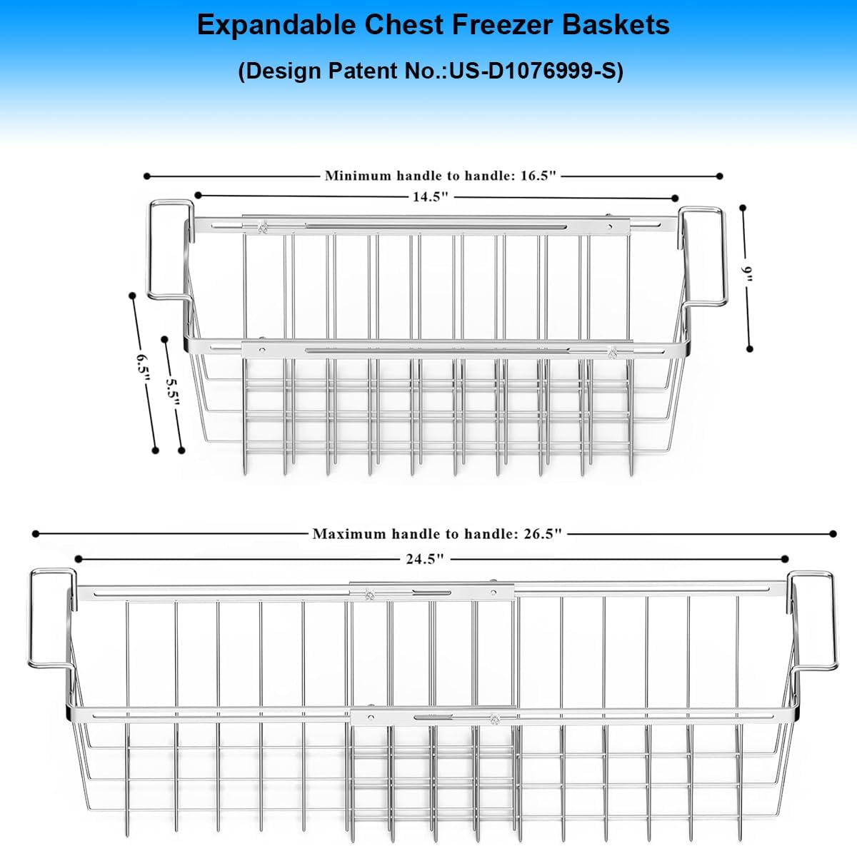 Freezer Baskets for Chest Freezer, Capacity Expandable Deep Freezer Organizer Bins Adjustable From 16.5" to 26.5" Stainless Steel Wire Basket Storage with Hanging Handles