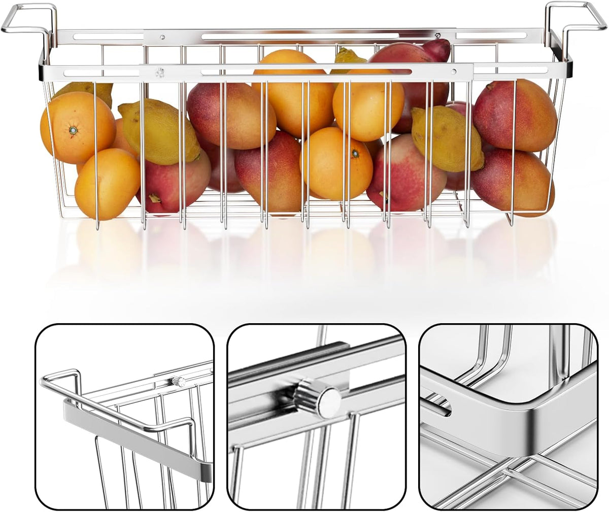 Freezer Baskets for Chest Freezer, Capacity Expandable Deep Freezer Organizer Bins Adjustable From 16.5" to 26.5" Stainless Steel Wire Basket Storage with Hanging Handles