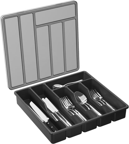 Silverware Organizer with Lid, Covered Utensil Tray, 12.6x11.8