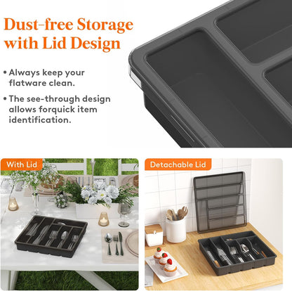 Silverware Organizer with Lid, Covered Utensil Tray, 12.6x11.8