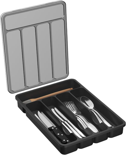 Silverware Organizer with Lid, Covered Utensil Tray, 12.6x11.8