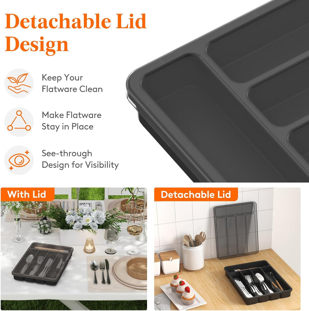 Silverware Organizer with Lid, Covered Utensil Tray, 12.6x11.8