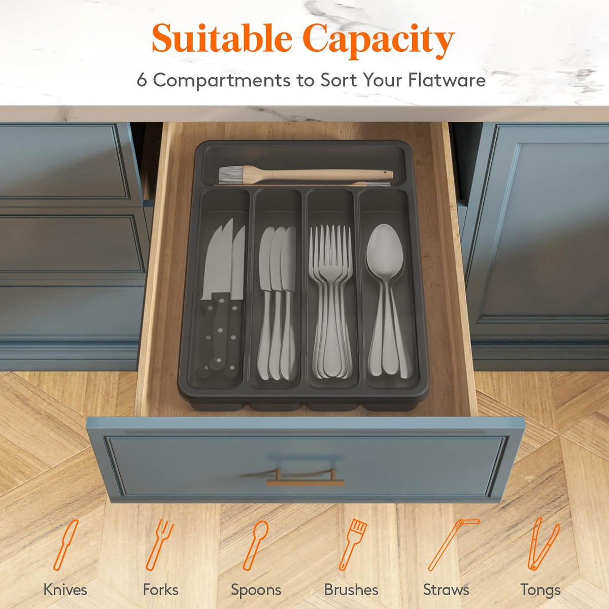 Silverware Organizer with Lid, Covered Utensil Tray, 12.6x11.8