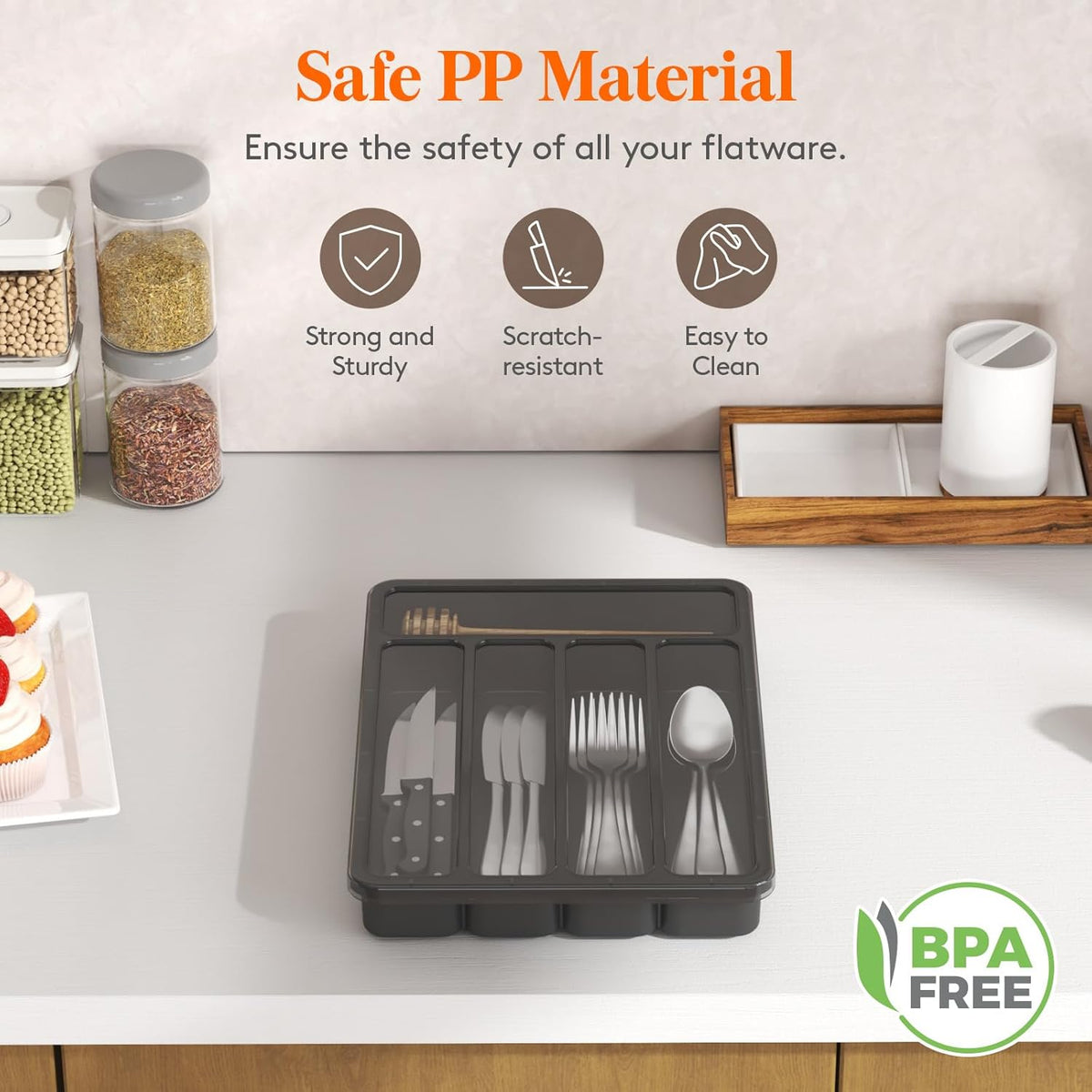 Silverware Organizer with Lid, Covered Utensil Tray, 12.6x11.8