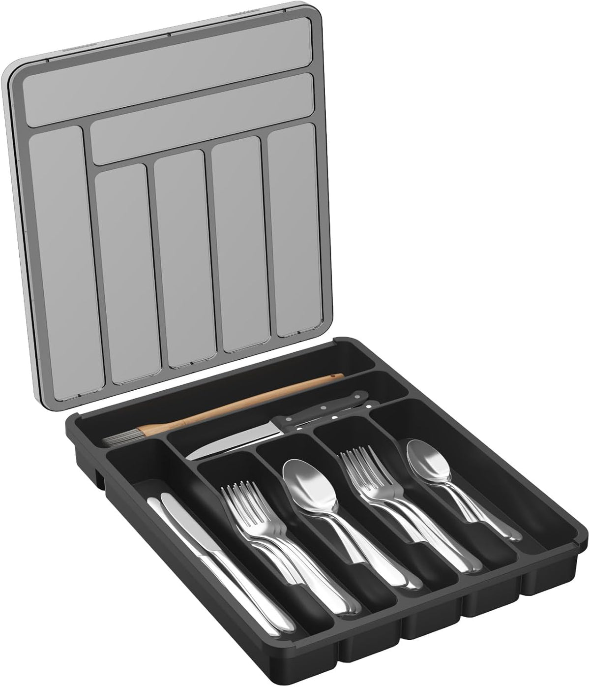 Silverware Organizer with Lid, Covered Utensil Tray, 12.6x11.8