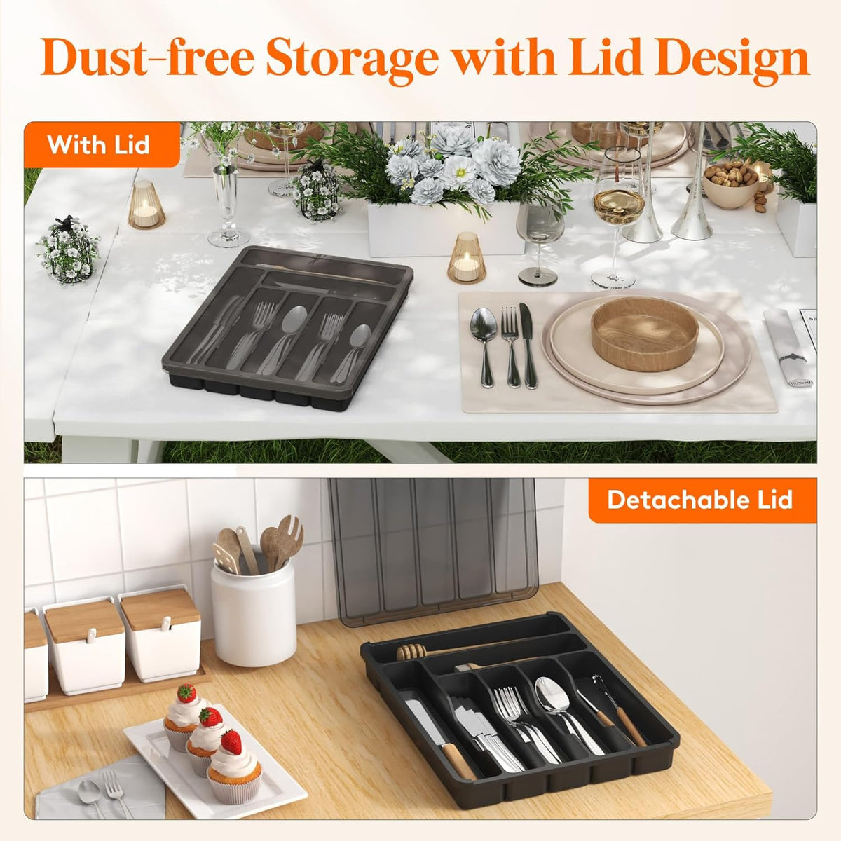 Silverware Organizer with Lid, Covered Utensil Tray, 12.6x11.8
