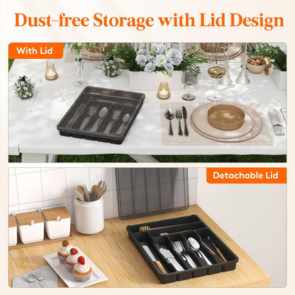 Silverware Organizer with Lid, Covered Utensil Tray, 12.6x11.8